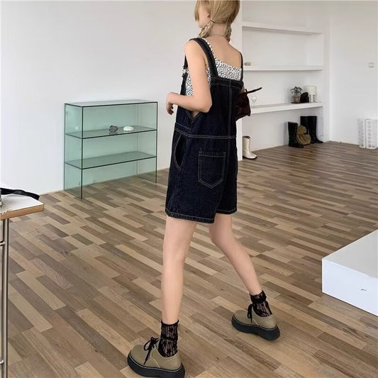 Anti-Aging Elegant Design Sense Denim Suspender Shorts Women's Summer
