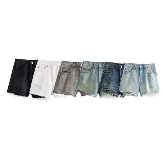 Perforated Hole Decoration High Waist Denim Shorts